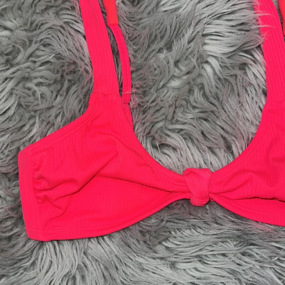 Coral Neon Pink Ribbed Twist Knot Front Bikini Top